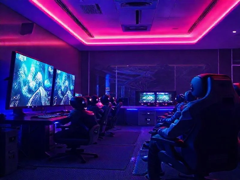A wide-angle shot of a sleek, modern game development studio interior, minimalist in design, with large glowing monitors displaying abstract game concepts. Architectural lines are clean and futuristic. No people visible, but a sense of creative activity is implied by the arranged tech. Subtle ambient light from the monitors casts colors. Style: Modern architecture, clean, tech-focused, inviting but professional.